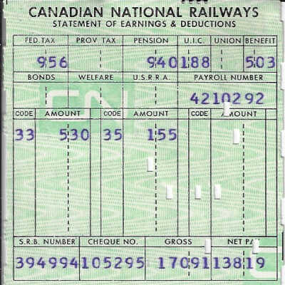 Canadian National Statement of Earnings and Deductions belonging to Frank Mazzuca