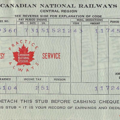 Canadian National Statement of Earnings belonging to Frank Mazzuca