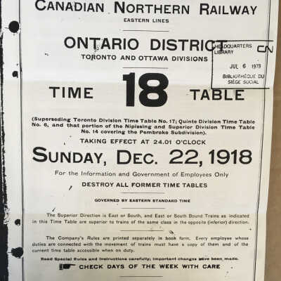Safety First, Canadian Northern Railway, Eastern Lines, Ontario District, Toronto and Ottawa Divisions, Time Table 18, 1918