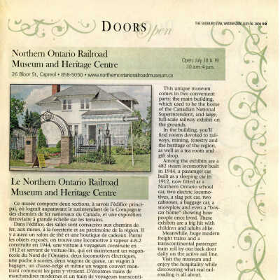 "Doors Open: Northern Ontario Railroad Museum and Heritage Centre" in The Sudbury Star