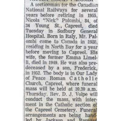 Document, Obituary, Nicola (Nick) Palombi.