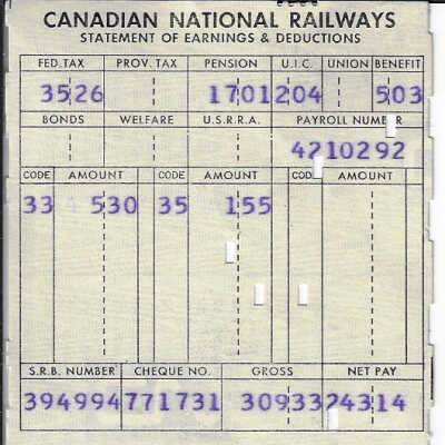 Canadian National Statement of Earnings and Deductions belonging to Frank Mazzuca