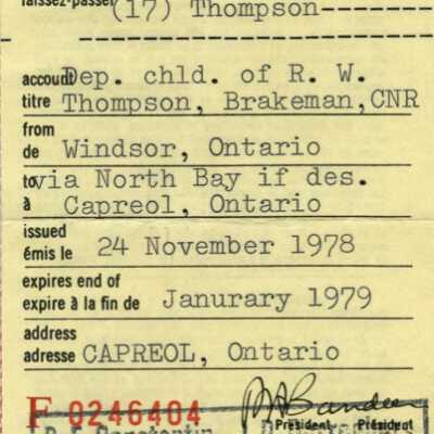 Document, Canadian National Railways Windsor to Capreol Dependant Child Pass, Violet Marie and Douglas Thompson Pass, 1978-1979.