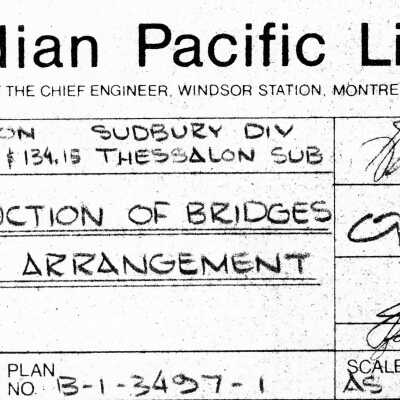 Document, Plan, Canadian Pacific Railways, Eastern Region, Sudbury Division, Thessalon Subdivision, Bridges 134.06 & 134.15, Reconstruction of Bridges, General Arrangement.