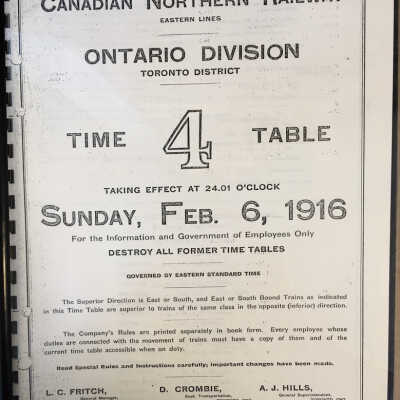 Binder: Canadian Northern Railway, Eastern Lines, Ontario Division, Toronto District, Time table 4, 1916