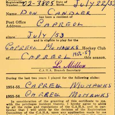 Hockey Player's Registration Certificate belonging to Don Candler