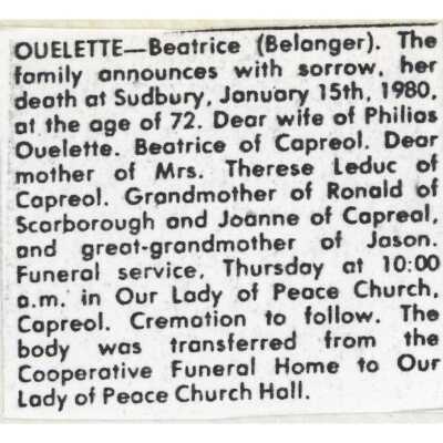 Document, Obituary, Beatrice Ouelette.