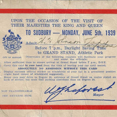 Admission Ticket to View the King and Queen at Grand Stand Athletic Park during the Royal Tour of 1939