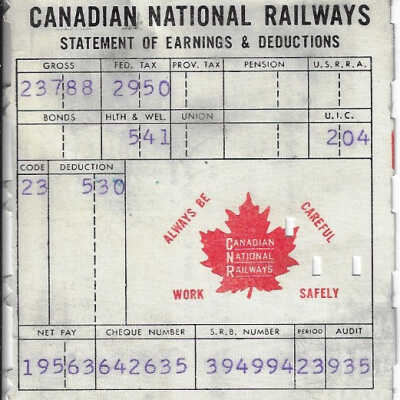 Canadian National Statement of Earnings and Deductions belonging to Frank Mazzuca