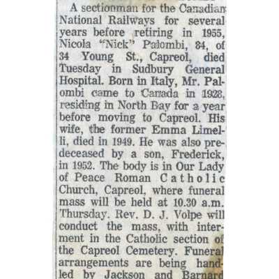 Document, Obituary, Nicola (Nick) Palombi.