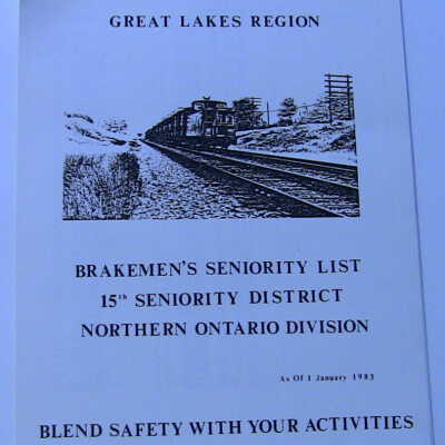 CN Rail Great Lakes Region Brakemen's Seniority List, 15th Seniority District, Northern Ontario Division, January 1983