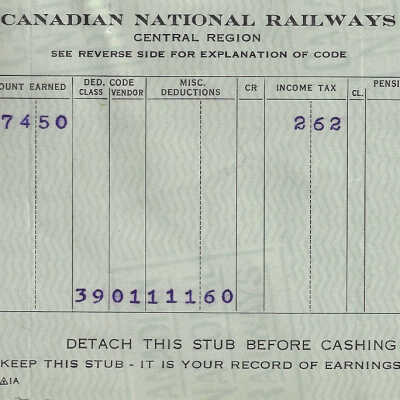 Canadian National Statement of Earnings and Deductions belonging to Frank Mazzuca