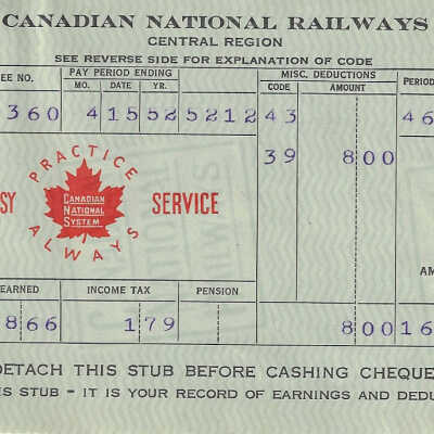 Canadian National Statement of Earnings and Deductions belonging to Frank Mazzuca