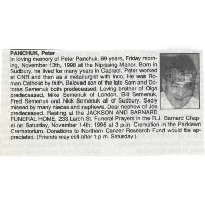 Document, Obituary, Peter Panchiuk.