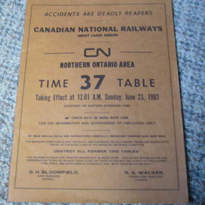 Canadian National Railways Timetable 37 Northern Ontario June 23, 1963