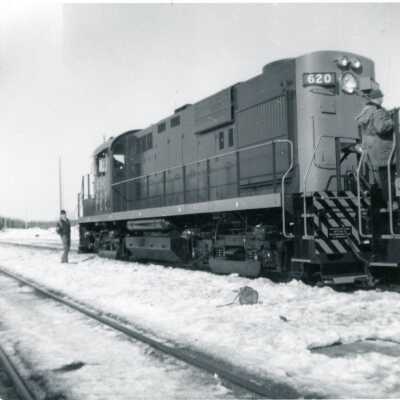Photograph, Nakina 401, "New AGE Diesels on way to the west. 401 Engineer Al Walters, Cluch Harris & Myself".