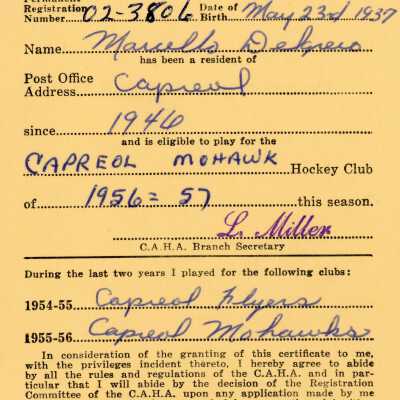 Hockey Player's Registration Certificate belonging to Marcello Del Greco