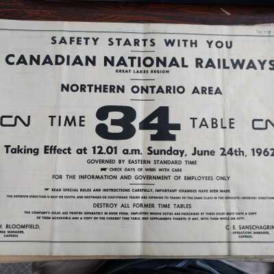 CNR Central Region Great Lakes Region Employee Timetable 34 (Effective 12:01am Sunday June 24th, 1962)