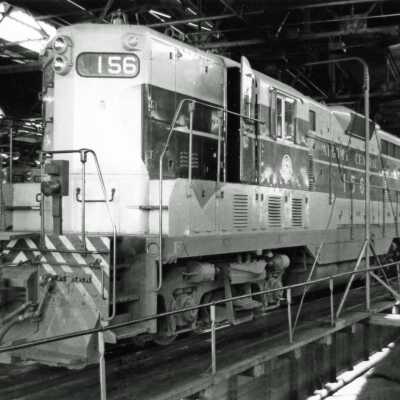 Photograph - Algoma Central Locomotive #156; on turntable in Steelton roundhouse, Sault Ste. Marie, ON