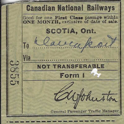 Canadian National: First Class Passenger Train Pass, Scotia ON, to Davenport ON, 1930