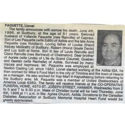 Document, Obituary, Lionel Paquette.