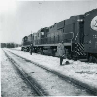 Photograph, Nakina 401, "New AGE Diesels on way to the west. 401 Engineer Al Walters, Cluch Harris & Myself".