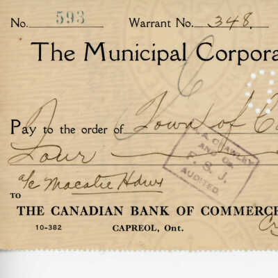 Cheque Written to the Municipal Corporation of the Town of Capreol, 1936 of MacAtee House