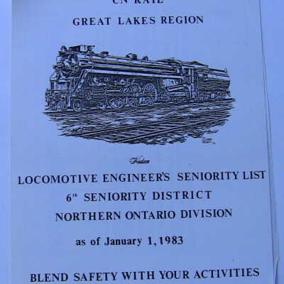 CN Rail Great Lakes Region LocomotiveEngineer's Seniority List, 6th Seniority District, Northern Ontario Division, January 1983