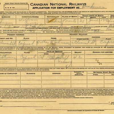 Document, Canadian National Railways, Brakemen Employment Application, June 25, 1918.