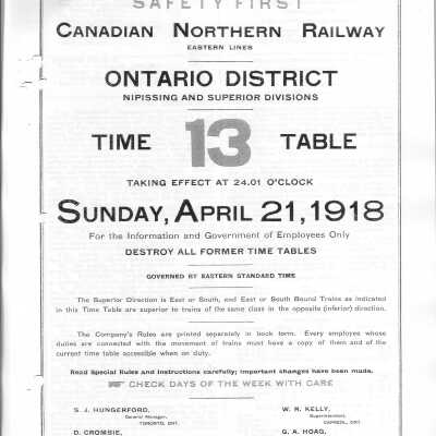 Canadian Northern Railway Eastern Lines Ontario District: Nipissing and Superior Divisions Time Table 13, Sunday April 21, 1918