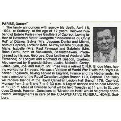 Document, Obituary, Gerard Parise.