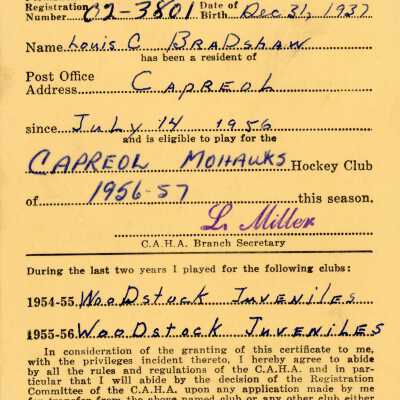 Hockey Player's Registration Certificate belonging to Louis C. Bradshaw