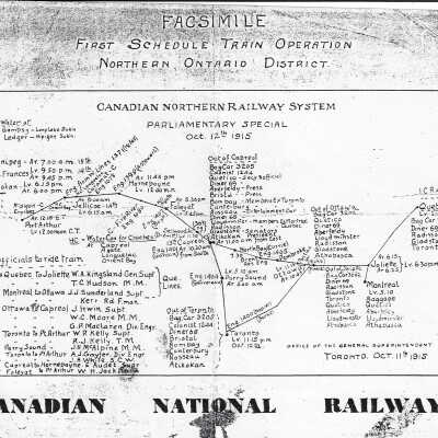 Canadian National Railways: Facsimile First Schedule Train Operation Northern Ontario District, Canadian Northern Railway System Parliamentary Special