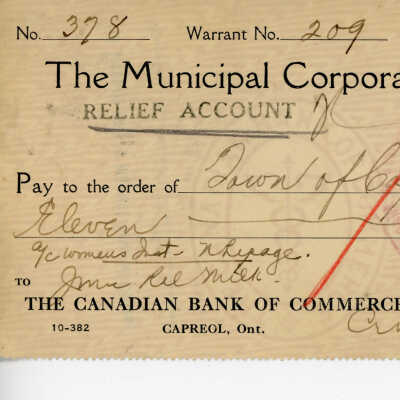 Cheque Written to the Municipal Corporation of the Town of Capreol, 1935: YC Women's Institute