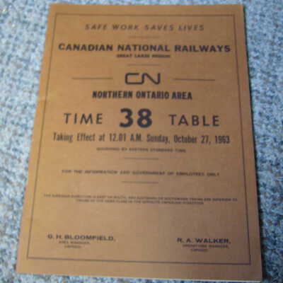 Canadian National Railways Timetable 38 Northern Ontario October 27, 1963