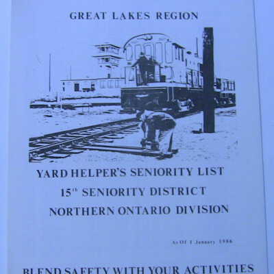 CN Rail Great Lakes Region Yard Helper's Seniority List, 15th Seniority District, Northern Ontario Division, January 1986