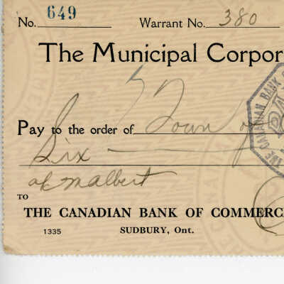 Cheque Written to the Municipal Corporation of the Town of Capreol, 1937 of M. Albert