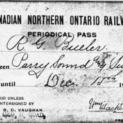 Document, Canadian Northern Ontario Railway Periodical Pass, RG Bueler, Between Parry Sound and Sudbury, Expired December 15th 1908.