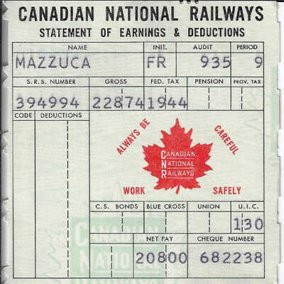 Canadian National Statement of Earnings and Deductions belonging to Frank Mazzuca