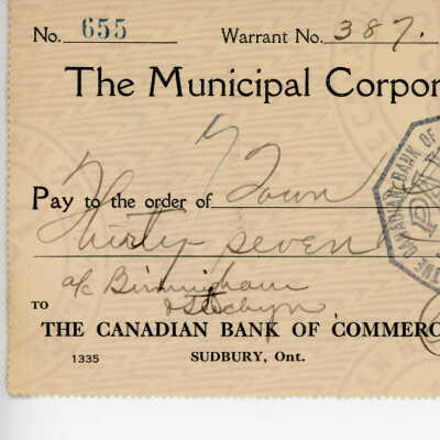 Cheque Written to the Municipal Corporation of the Town of Capreol, 1937 of Birmingham