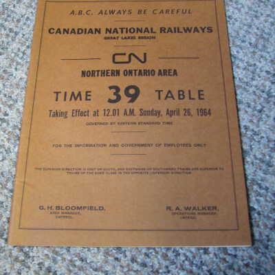 Canadian National Railways Timetable 39 Northern Ontario April 27, 1964