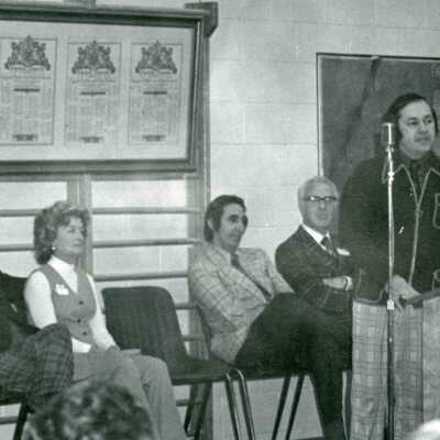 Photograph, Sudbury MPP and Former CHS Student Elie Martel Speech, Also depicted are Harold Prescott, unknown, and John Rodriguez.