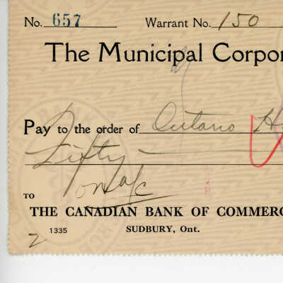 Cheque Written to the Ontario Hospital (woodstock) by the Municipal Corporation of the Town of Capreol, 1937