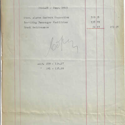 Canadian National Railways: Expense form from Algoma Eastern Railways: Providing Passenger Facilities, MTCE connection, and Track Maintenance (1 of 4)