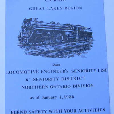 CN Rail Great Lakes Region Locomotive Engineer's Seniority List, 6th District, Northern Ontario Division, January 1986