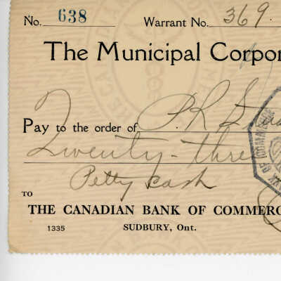 Cheque Written to P. R. Studer by the Municipal Corporation of the Town of Capreol, 1937