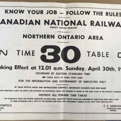 Canadian National Railways, Great Lakes Region, Northern Ontario Area, CN Timetable 30, 1961