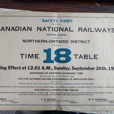 Canadian National Railway Central Region N.O District Employee Timetable 18 (Effective 12:01am Sunday September 26th, 1926)