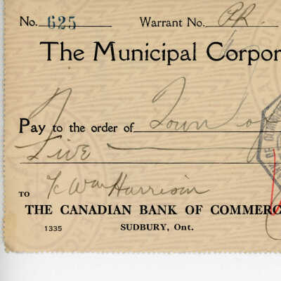 Cheque Written to the Municipal Corporation of the Town of Capreol, 1937 of W. W. Harrison