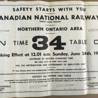 Canadian National Railways, Great Lakes Region, Northern Ontario Area, CN, Timetable 34, 1962